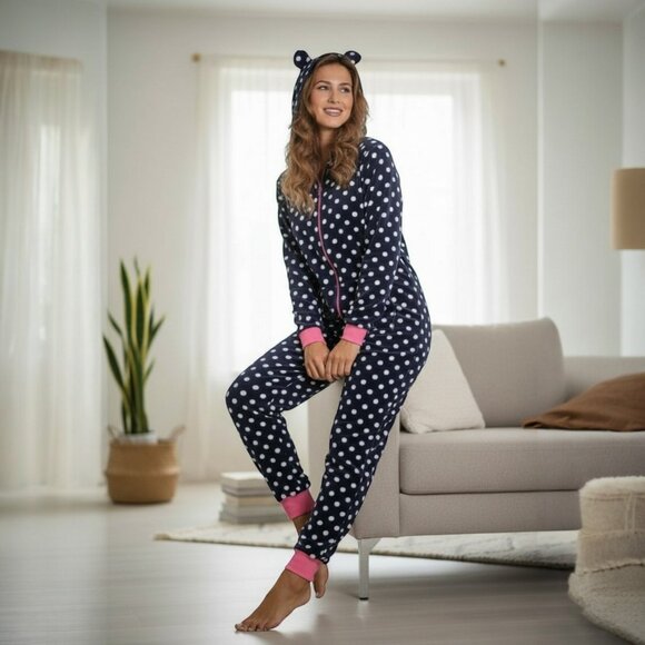 Angelina Other - Women’s Navy Polka Dot Hooded One-PC Cozy Fleece Pajamas – Lounge-Ready S/M